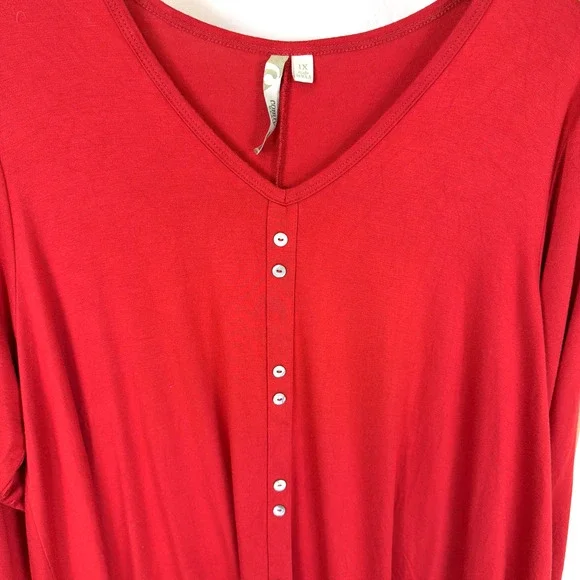 Comfy USA Red 3/4 Sleeve 10 Button Design Tunic Top #1382 Size 1X - Picture 2 of 6